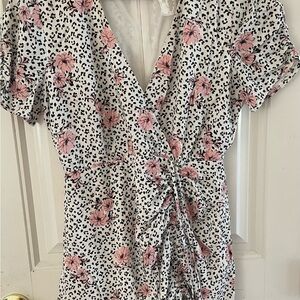 Sadio & Sage Womens Polka Dot floral V Neck Ribbed Faux Wrap Dress y2K Size S
